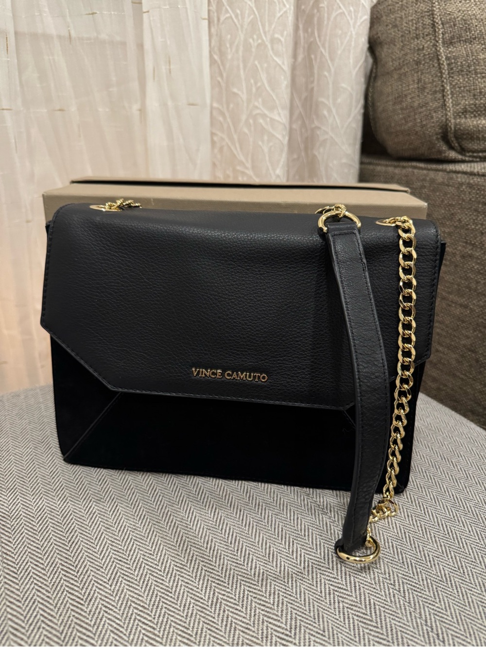 Vince Camuto Black Leather and Suede Crossbody with Gold Chain